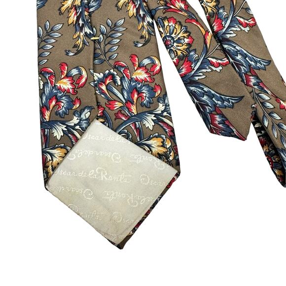 Oscar de la Renta Couture Taupe Brown Red Blue Floral Print Men's Neck Tie - Picture 6 of 8